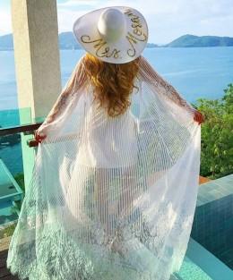 SoHot Swimwear Apparel & Accessories > Clothing > Dresses One Size / White White Sheer Lace Detail Long Beach Cover Up White Sheer Lace Detail Long Beach Cover Up | SHOP NOW | SoHot Swimwear