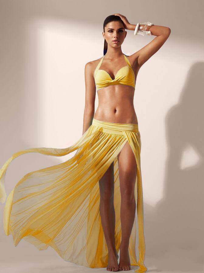 Load image into Gallery viewer, SoHot Swimwear Apparel &amp;amp; Accessories &amp;gt; Clothing &amp;gt; Dresses One Size / Yellow Pink Elegant Long Sheer Mesh Elastic Waist Long Skirt w/ Slits (Many colors available) Pink Elegant Long Sheer Mesh Elastic Waist Long Skirt
