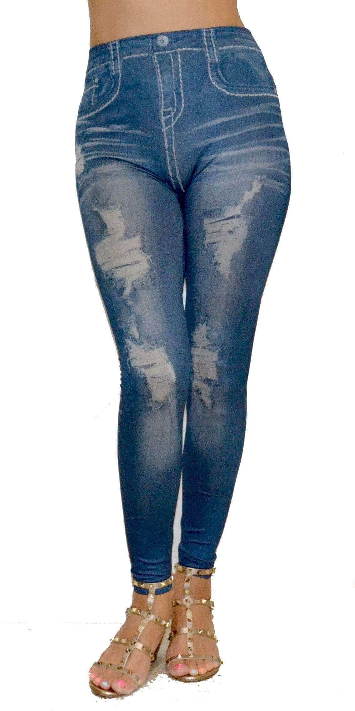 Worn Shredded-Look Blue Denim Print Leggings