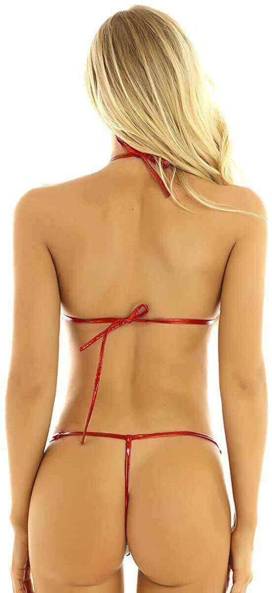 Women Bikini Micro Metallic Halter Bra Top Mini G-string Swimsuit Teddy  Lingerie