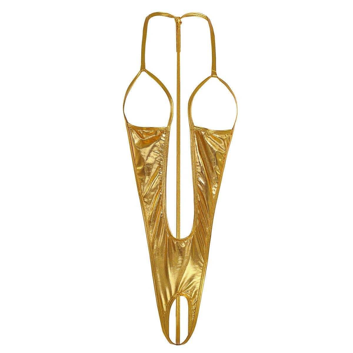 SoHot Swimwear Apparel & Accessories > Clothing > Swimwear Metallic Gold Extreme Open Bust & Crotch Thong G-String One Piece Swimsuit Metallic Gold Bikini Micro Open Bust Crotch Thong G-String Swimsuit