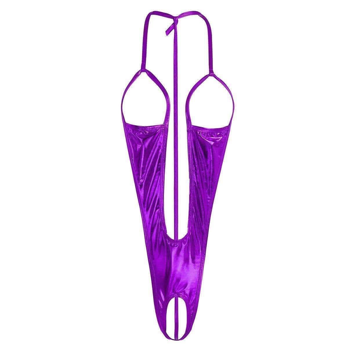 SoHot Swimwear Apparel & Accessories > Clothing > Swimwear Metallic Purple Extreme Open Bust & Crotch Thong G-String One Piece Swimsuit Metallic Purple Bikini Micro Open Bust Crotch Thong G-String Swimsuit