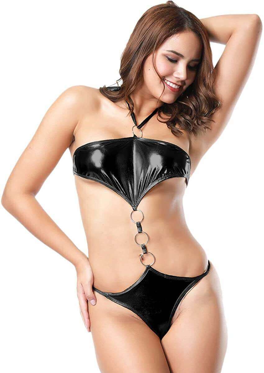 One Piece Thong Swimsuit in Wet Look Black