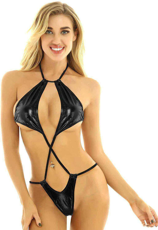 Load image into Gallery viewer, SoHot Swimwear Apparel &amp;amp; Accessories &amp;gt; Clothing &amp;gt; Swimwear One Size / Black Black Metallic High Neck Thong G-String Monokini Swimsuit (Many colors available) Black Metallic Criss Cross Micro Extreme Thong G-String Swimsuit 
