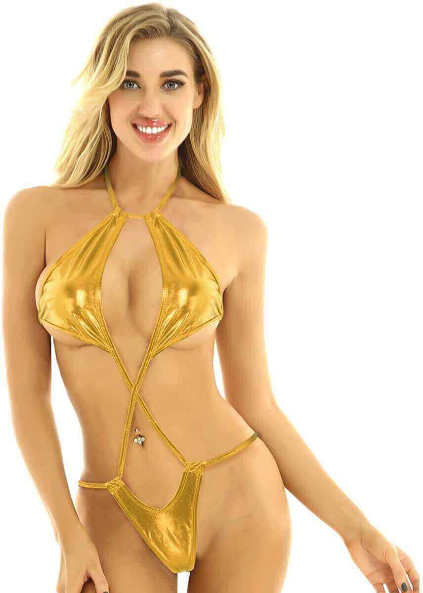 SoHot Swimwear Apparel & Accessories > Clothing > Swimwear One Size / Gold Gold Metallic High Neck Thong G-String Monokini Swimsuit (Many colors available) Gold Metallic Criss Cross Micro Extreme Thong G-String Swimsuit 