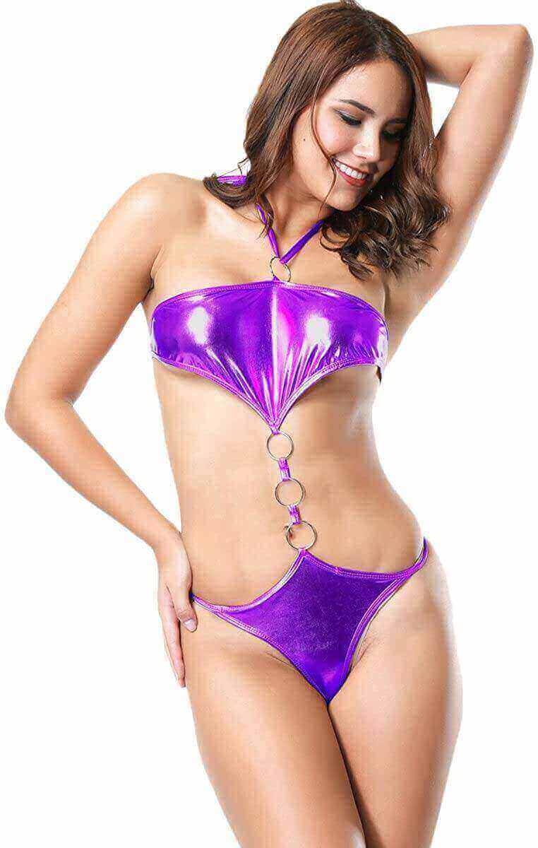 SoHot Swimwear Apparel & Accessories > Clothing > Swimwear One Size / Purple Gold Metallic 3 Ring Thong G-String Monokini Swimsuit (Many colors available) Gold Metallic 3 Ring Micro Extreme Thong G-String Swimsuit