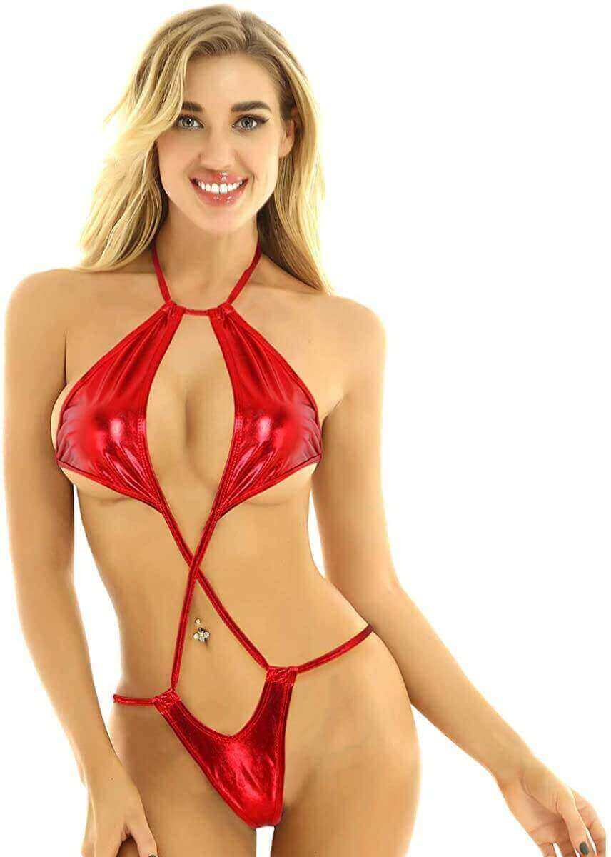 SoHot Swimwear Apparel & Accessories > Clothing > Swimwear One Size / Red Gold Metallic High Neck Thong G-String Monokini Swimsuit (Many colors available) Gold Metallic Criss Cross Micro Extreme Thong G-String Swimsuit