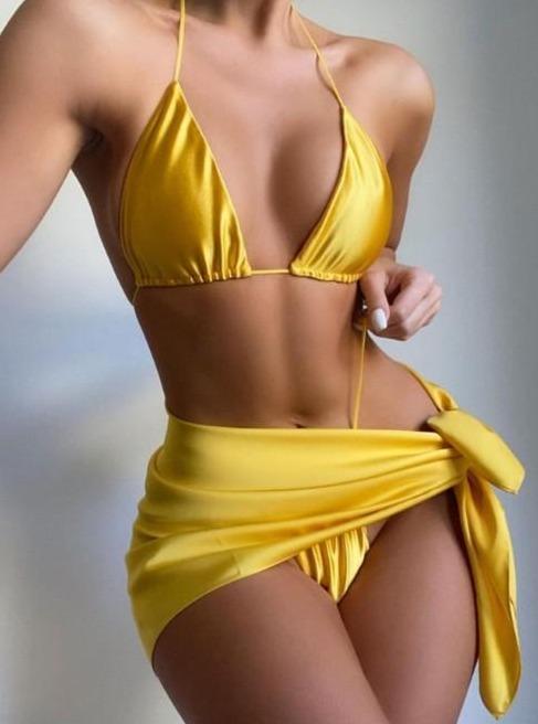 SoHot Swimwear Apparel & Accessories > Clothing > Swimwear Small / Yellow Yellow Shiny Triangle Top & Tie Side Thong Bottom & Sarong Set 2021 Yellow Triangle Extreme Micro Thong Sarong Three Piece Bikini