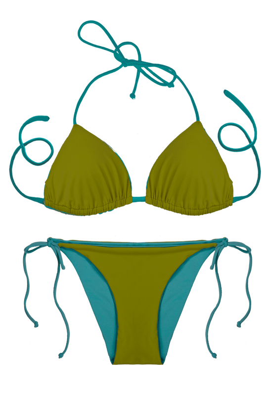 Thaikila Apparel & Accessories > Clothing > Swimwear BLUE / One Size Thaikila Curacao Reversible Triangle Top and Side Tie Brazilian Bottom Bikini Swimwear Swimsuit Set