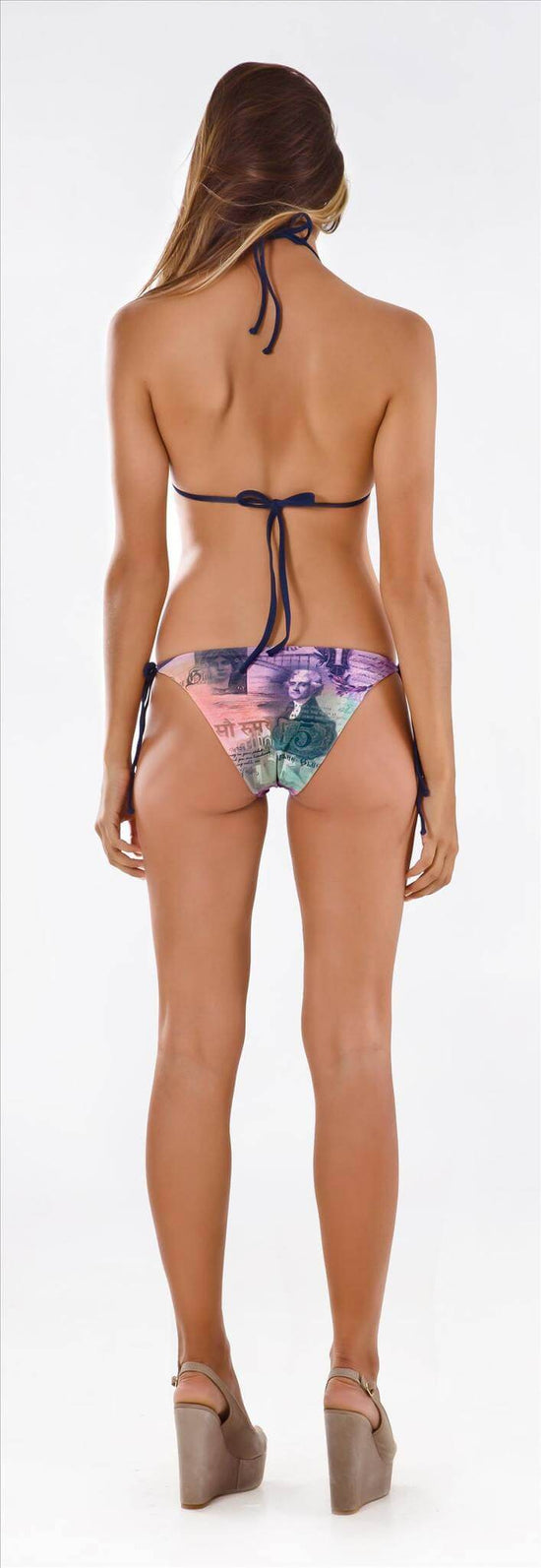 Thaikila Apparel & Accessories > Clothing > Swimwear Print / One Size Thaikila Money Reversible Triangle Top and Side Tie Brazilian Bottom Bikini Swimwear Set